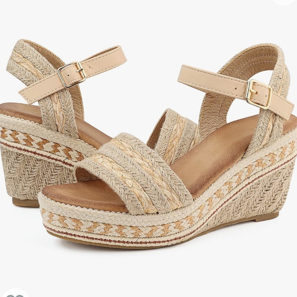Women’s Size 10 Open Toe Espadrille Ankle Strap Wedge Sandals, Beige, New